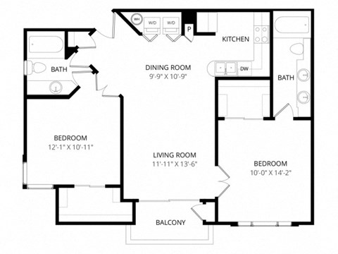 Floor plan for 2 beds, 2 baths, 969 sqft